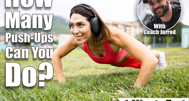 A woman between 40 and 50 years old is training outdoors in sportswear.The woman is doing push-ups on the lawn.Concept of middle-aged women doing sports. If You Can Do This Many Push-Ups Without Stopping, Your Upper Body Is In Great Shape. Cover