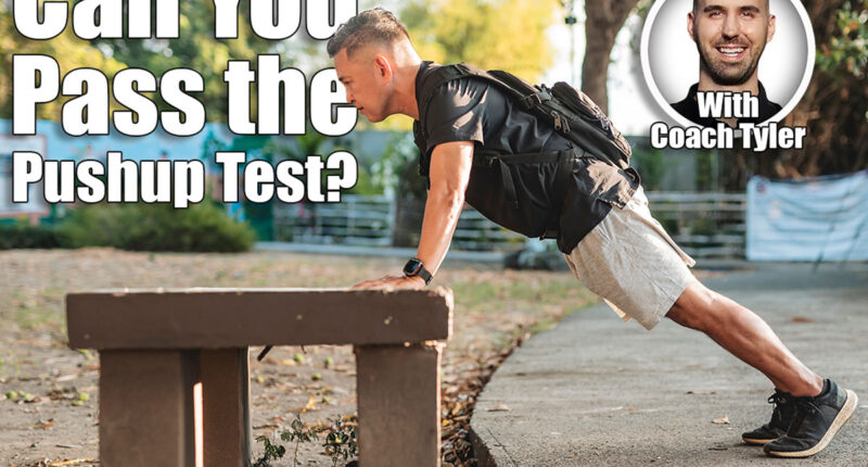 Middle aged Southeast Asian man doing incline pushups on a concrete bench while wearing a loaded rucksack for resistance training. If You Can Do This Many Pushups After 50, Your Upper Body Strength Is Elite. Cover
