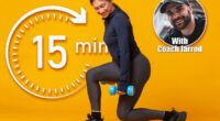Workout concept. Happy athletic woman in sportswear practicing lunges with dumbbells in her hands on yellow background. Bodybuilding and fitness. Healthy lifestyle. If You Can Master These 3 Movements at 60, Your Body’s Younger Than Your Birthday Says. Cover