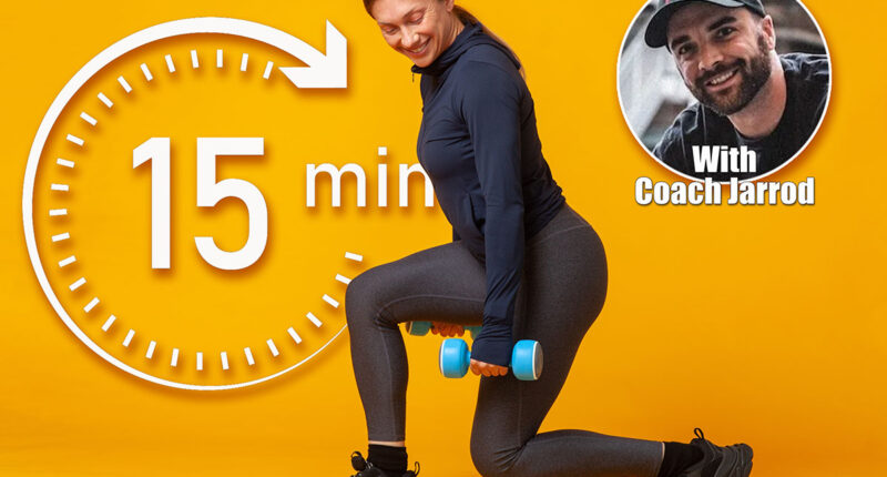 Workout concept. Happy athletic woman in sportswear practicing lunges with dumbbells in her hands on yellow background. Bodybuilding and fitness. Healthy lifestyle. If You Can Master These 3 Movements at 60, Your Body’s Younger Than Your Birthday Says. Cover