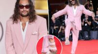 Jason Momoa paints his toenails pink to match his pink suit at 'In the Hand of Dante' premiere
