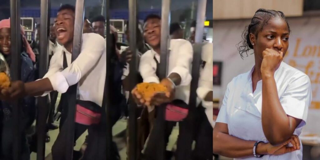 Drama as young man traps himself while collecting Hilda Baci’s jollof rice through iron gate