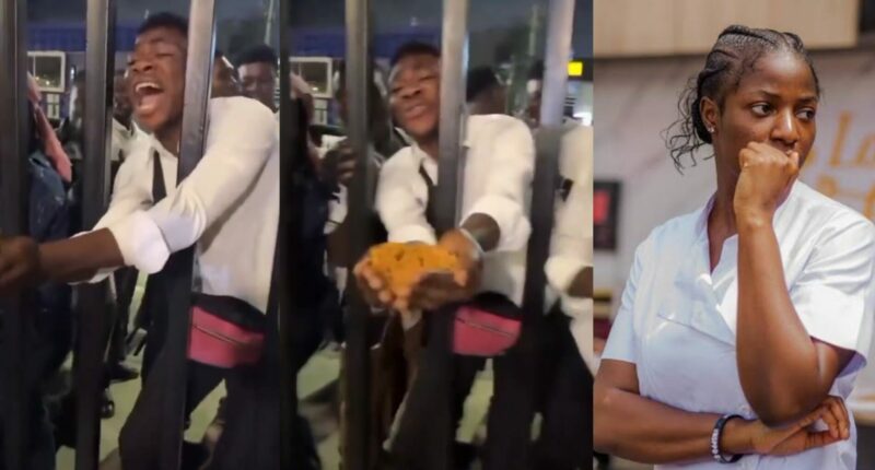 Drama as young man traps himself while collecting Hilda Baci’s jollof rice through iron gate
