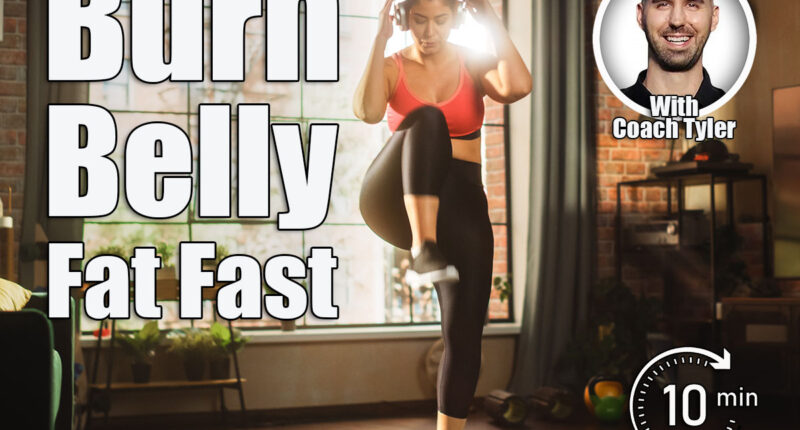 Beautiful Athletic Plus Size Body Positive Sports Woman Uses Smartphone Health Fitness Tracking App, Does Aerobic Exercises, Squatting, Knees to Elbows at Home. Female Training Wearing Headphones. Over 45? These 4 Standing Exercises Burn Belly Fat in 30 Days. Cover