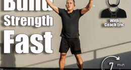 A middle-aged man performs jumping jacks outdoors against a concrete wall during a high-intensity workout session just outside the gym. Over 45? This 7-Minute Routine Builds More Strength Than Your Usual Cardio. Cover