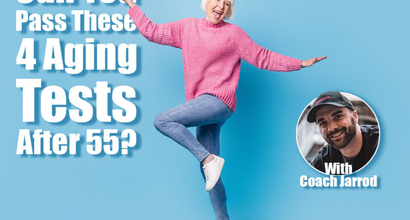 Photo portrait full body view of happy old lady dancing standing on one leg isolated on pastel blue colored background. Over 55? If You Can Pass These 4 Simple Balance Tests, You