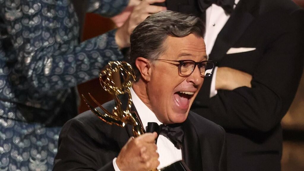 Stephen Colbert receives standing ovation as he delivers speech