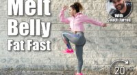Joyful sporty Latin girl jumping high and raising knee. Street dancer warming up intensively before street workout. Student enjoying free fitness. Fitness and street workout concept. The #1 Bodyweight Workout for Women To Melt Hanging Belly Fat After 40. Cover