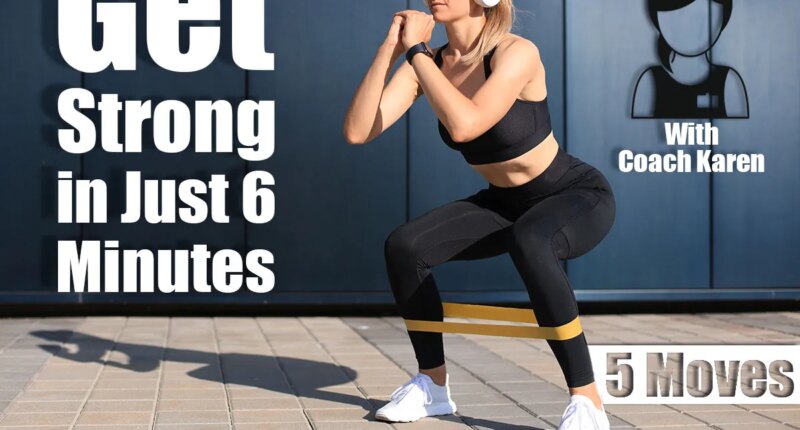 Sporty woman doing squats with fitness gum expander outdoors. This 6-Minute Morning Routine Builds More Strength Than Hour-Long Workouts After 50. Cover