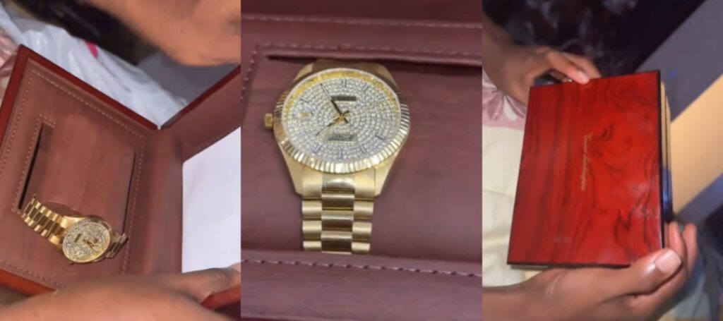 Woman Gifts Husband ₦12 Million Gold Wristwatch as Wedding Surprise