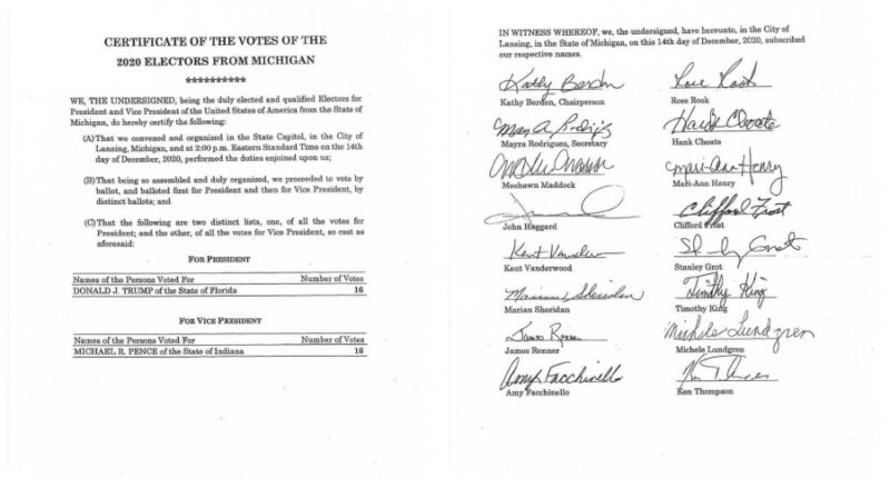 This document included as an exhibit in a civil lawsuit shows a document 16 people submitted saying that Michigan's electoral votes went to then-President Donald Trump. Michigan's 2020 votes actually went to President Joe Biden.
