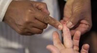 A drop of blood is drawn to measure glucose levels and screen for diabetes.