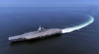 In this photo released by Xinhua News Agency, China's third conventionally powered aircraft carrier, the Fujian, conducts a maiden sea trial on May 7, 2024.