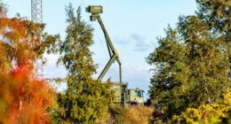 A mobile radar installation at the Danish military site on Amager, Pionegaarden, near the village of Dragoer and on the coast of Oresund, the sea between Denmark and Sweden.