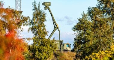 A mobile radar installation at the Danish military site on Amager, Pionegaarden, near the village of Dragoer and on the coast of Oresund, the sea between Denmark and Sweden.