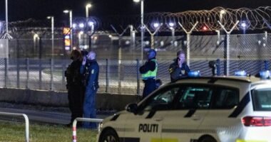 Danish police patrol at Copenhagen Airport, Denmark, Monday Sept. 22, 2025.