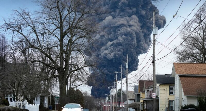 FILE - A black plume rises over East Palestine, Ohio, as a result of a controlled detonation of a portion of the derailed Norfolk Southern trains Monday, Feb. 6, 2023. (AP Photo/Gene J. Puskar, File)
