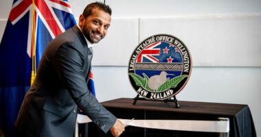 Kash Patel cuts the ribbon at the official opening of the FBI office in Wellington, New Zealand