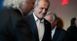 Masoud Pezeshkian, the President of Iran, enters a room for a photo opportunity during the United Nations General Assembly at United Nations headquarters, Thursday, Sept. 25, 2025.