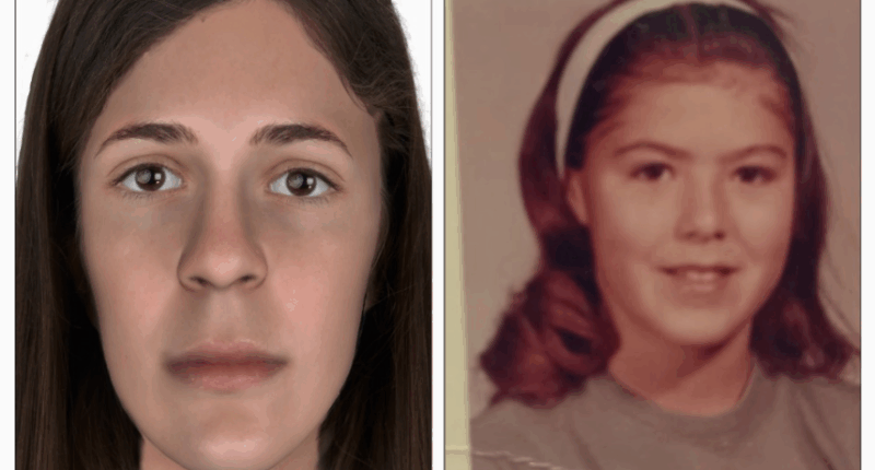 A forensic approximation of the remains of a woman (left), Marion Vinetta Nagle McWhorter, compared with her childhood photo