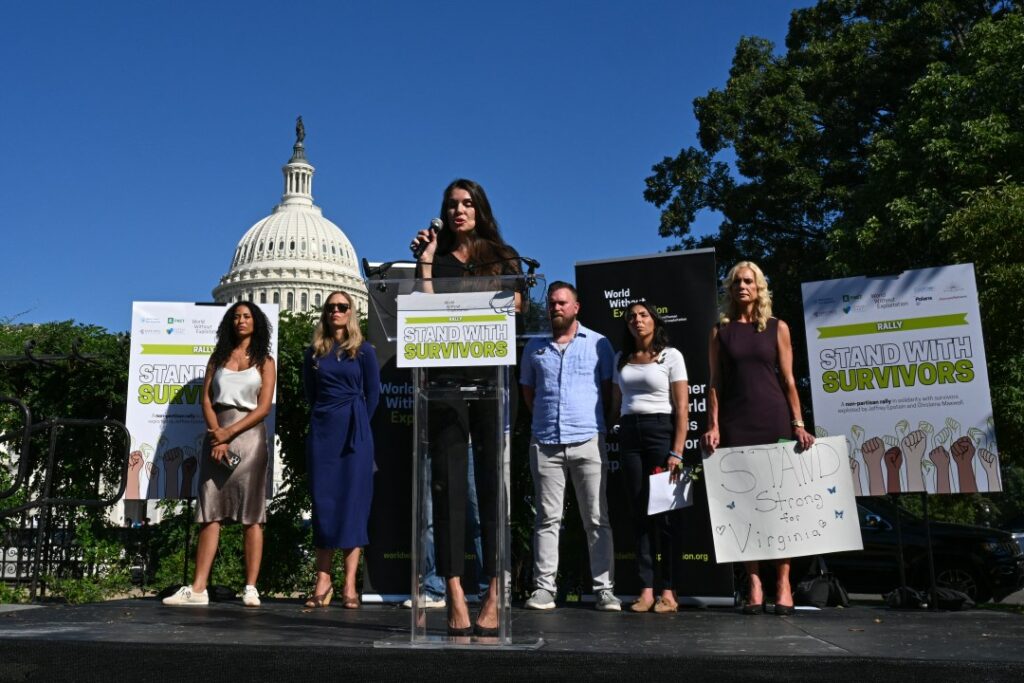 Survivors of convicted sex offender Jeffrey Epstein speak at a rally
