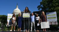 Survivors of convicted sex offender Jeffrey Epstein speak at a rally