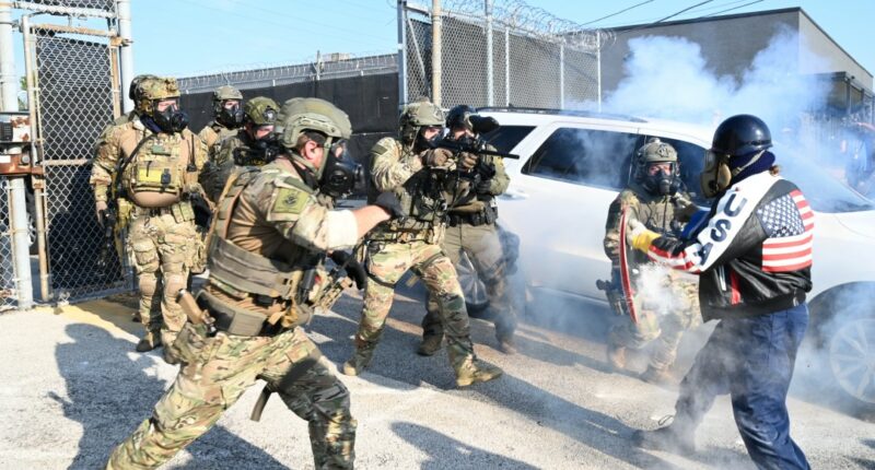 ICE officers clash with protestors at Broadview Illinois ICE facility.
