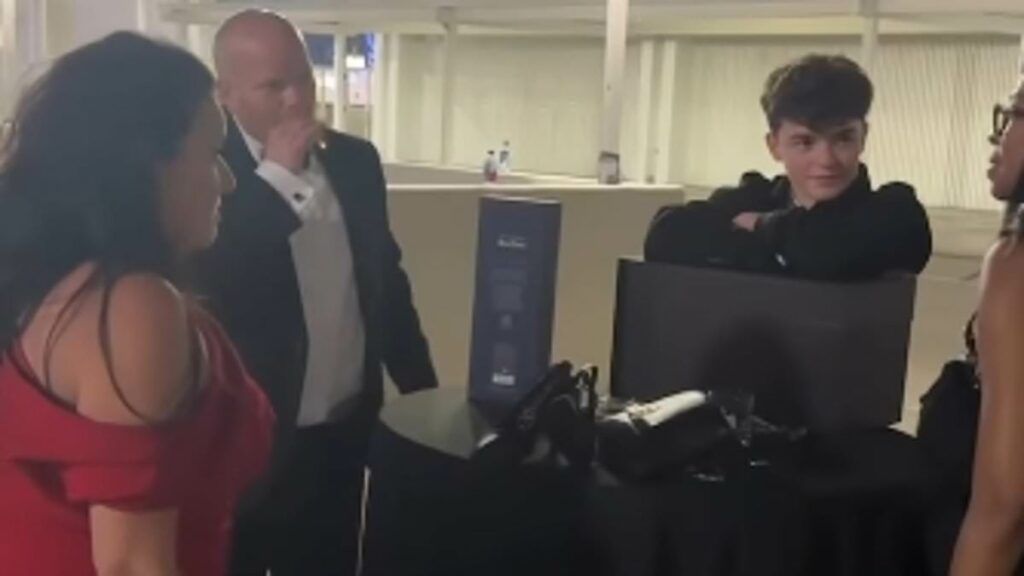 Owen Cooper joins his parents in the smoking area after scooping Emmy