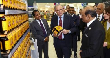 Prime Minister Anthony Albanese, with  Lulu Global Director, Global Operations & Chief Sustainability Officer Mohamed Althaf MM (left) and Lulu Chairman M. A. Yusuff Ali (right) during a visit to Lulu Hypermarket, which imports Australian goods to the UAE,  at Mushrif Mall in Abu Dhabi, United Arab Emirates on September 29, 2025.