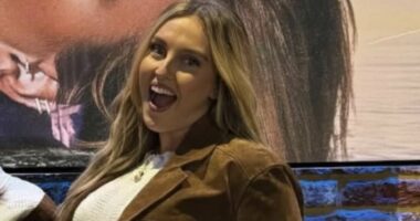 Pregnant Perrie Edwards shows off her blossoming baby bump as she hosts a listening party for her debut solo album ahead of its release