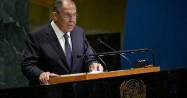 Russia's Minister for Foreign Affairs Sergey Lavrov addresses the 80th session of the United Nations General Assembly, Saturday, Sept. 27, 2025, at U.N. headquarters. (AP Photo/Pamela Smith)