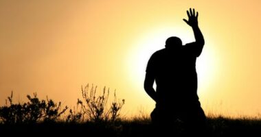A man lifts his hand towards heaven. Silhouette, rear view, unrecognizable person. Additional themes include salvation, god, praise and worship, holiness, righteousness, faith, sin, forgiveness, gratitude, meditation, prayer, self, asking, pleading, hope, heaven, healing, spirituality, balance, religious, and Christianity.