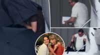 Taylor Swift hides under umbrellas as she lands in California for BFF Selena Gomez’s wedding