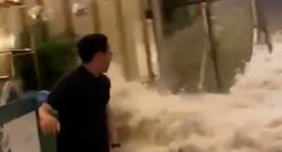Terrifying moment huge wall of water smashes through hotel reception as Super Typhoon Ragasa lashes Hong Kong