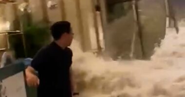 Terrifying moment huge wall of water smashes through hotel reception as Super Typhoon Ragasa lashes Hong Kong