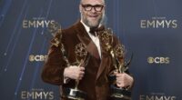 IMAGE DISTRIBUTED FOR THE TELEVISION ACADEMY - Seth Rogen poses in the press room with his Emmys at the 77th Emmy Awards on Sunday, Sept. 14, 2025 at the Peacock Theater in Los Angeles.