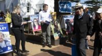 Liberal candidate Serena Copley and NSW Liberal leader Mark Speakman at a polling booth the day before the Kiama by-election in NSW. 12 September 2025 Photo: Janie Barrett