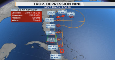 Tropical Depression Nine forms, tropical storm watch in effect for Florida coast