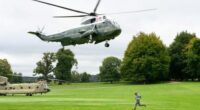 Marine One comes into land as U.S. President Donald Trump arrives by helicopter at Chequers, the country home of the British prime minister, on September 18, 2025 in Aylesbury, England.