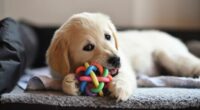 Golden retriever dog puppy playing with toy while lying on den