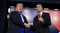 FILE - President Donald Trump shakes hands with moderator Charlie Kirk, during a Generation Next White House forum at the Eisenhower Executive Office Building on the White House complex in Washington, Thursday, March 22, 2018. (AP Photo/Manuel Balce Ceneta, File)