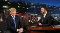 This photo provided by ABC shows guest Republican Presidential candidate Donald Trump, left, with host Jimmy Kimmel, on “Jimmy Kimmel Live” on Wednesday, Dec. 16, 2015, in Los Angeles. The ABC show airs every weeknight, 11:35 p.m. - 12:41 a.m., ET. (Randy Holmes/ABC via AP)