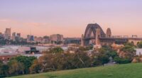 Overlooking the Harbor Bridge and the neighborhood at Observatory Park in Sydney, Australia