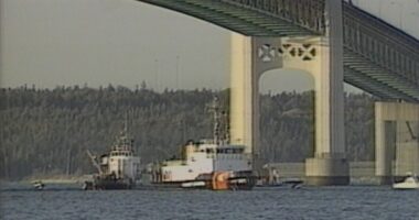 A search crew and divers recovered the body and car of Leslie Pluhar on Sept. 30, 1989, eight days after her vehicle plunged 170 feet off the Mackinac Bridge and into the Straits of Mackinac. (WOOD TV8 file/Courtesy WDIV)