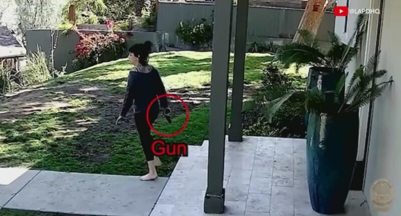 Security footage shows Jillian Shriner, 51, moments before she was shot by police after she allegedly opened fire on officers surrounding her backyard on April 8, 2025. (Los Angeles Police Department)