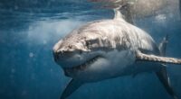 Close up of Great White Shark passing showing teeth. Photographed in South Australia while cage diving.