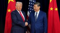 U.S. President Donald Trump greets Chinese President Xi Jinping ahead of a bilateral meeting at Gimhae Air Base on October 30, 2025 in Busan, South Korea.