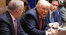 President Donald Trump, center, speaks during a meeting with Australian Prime Minister Anthony Albanese, left, as Secretary of State Marco Rubio listens in the Cabinet Room of the White House, Monday, October 20, 2025, in Washington. (AP Photo/Evan Vucci)