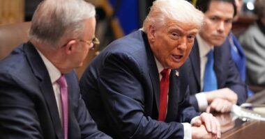 President Donald Trump, center, speaks during a meeting with Australian Prime Minister Anthony Albanese, left, as Secretary of State Marco Rubio listens in the Cabinet Room of the White House, Monday, October 20, 2025, in Washington. (AP Photo/Evan Vucci)
