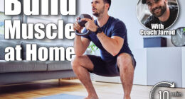 Training at home, young man doing squats with kettlebell weights. 10-Minute At-Home Strength Routine That Builds More Muscle Than the Gym After 50. Cover